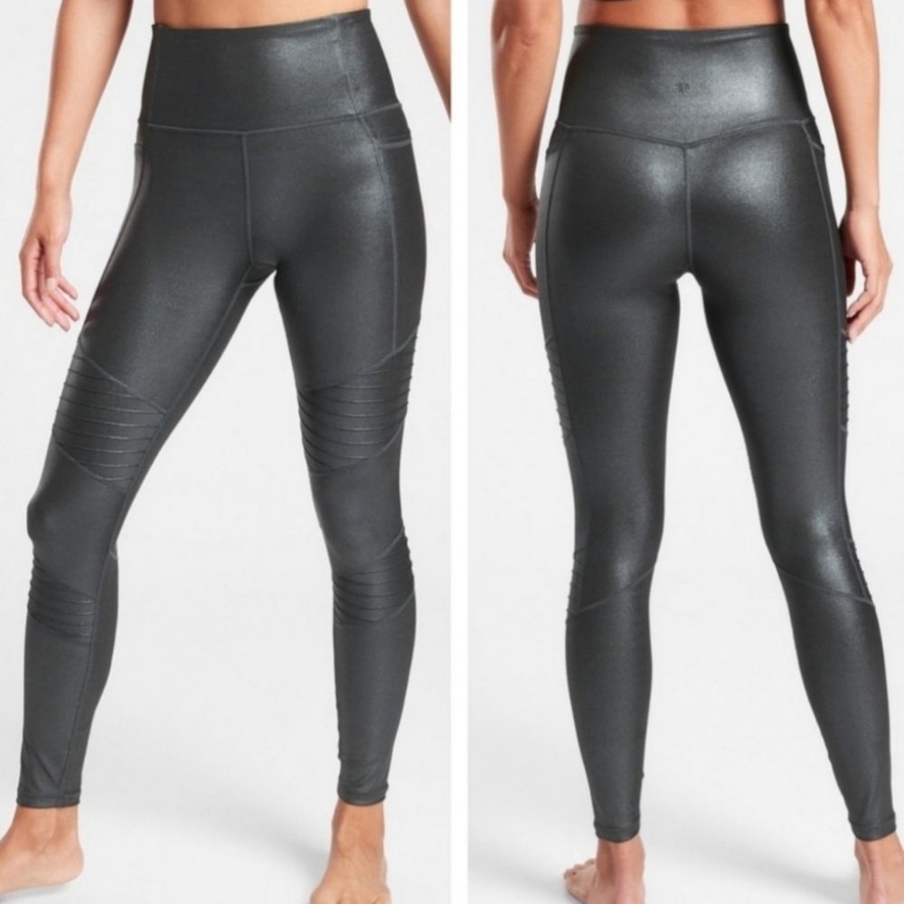 Athleta Inclination Moto Shimmer Tight Powervita Fabric Solid Black Sz M…
